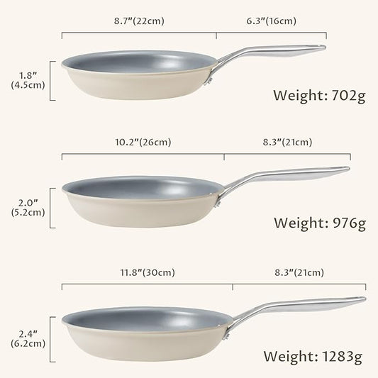Ceramic Frying Pans Set, 3-Pieces Fry Pan (8", 9.5", 11") with Tri Ply Nonstick Coating, Induction Skillet Set with Handles, Healthy Fast Heating Cookware, Oven Safe, Suitable for All Stove