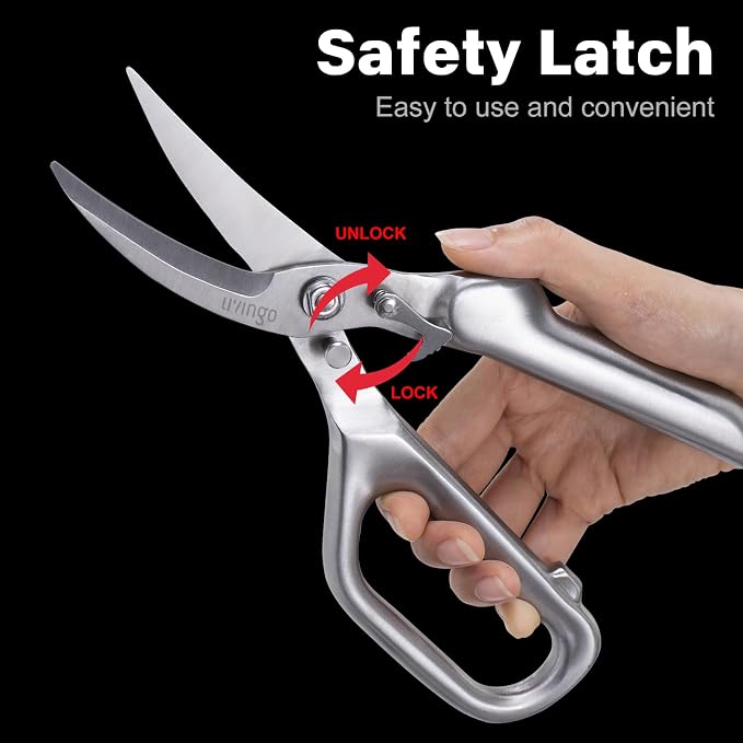 LIVINGO Kitchen Scissors Heavy Duty Utility Poultry Shears Stainless Steel | Sharp Curved Blade, Safety Lock Design, Chicken Bone Meat Cutting, Food Preparation, Vegetable Herbs