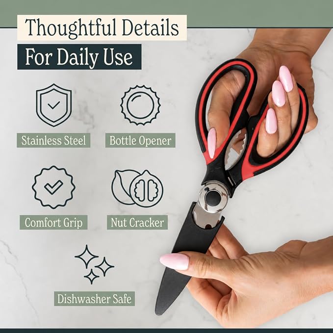 Heavy Duty Kitchen Shears With Sharpener - Lifetime Replacement Warranty* - Multipurpose Stainless Steel Scissors for Food - Sharp Food-Grade Kitchen Scissor for Meat, Seafood, Poultry - Set (Red)