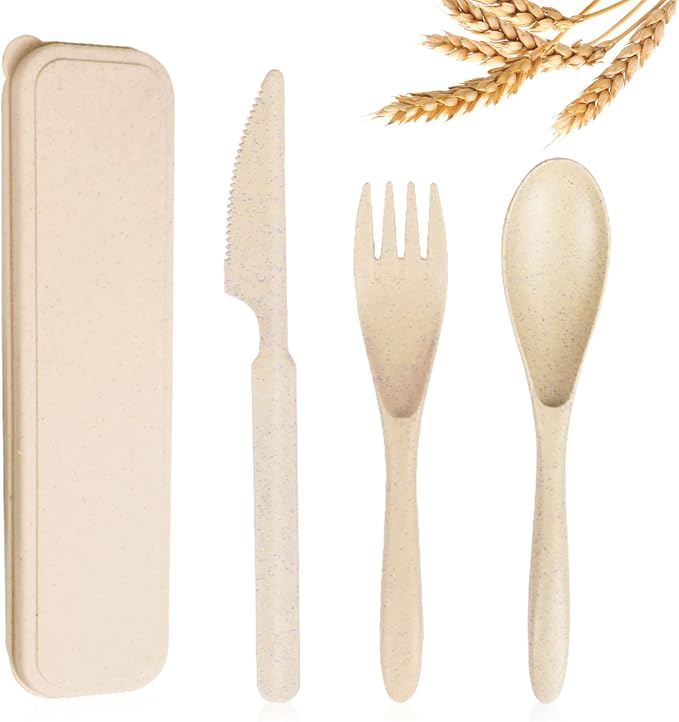YDYTOP Reusable Travel Utensils Set with Case, Beige Wheat Straw Portable Knife Fork Spoons Tableware, Eco-Friendly BPA Free Cutlery for Kids and Adults as Travel Picnic Camping Utensils