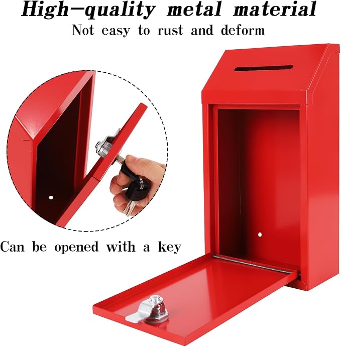 Metal Donation Box with Lock Ballot Box Drop Box with Lock Suggestion Box with Slot and Locks Metal Locks Box Comment Box Voting Box Key Drop Box for Home Office(Red,10.24 x 5.71 x 2.95 Inch)