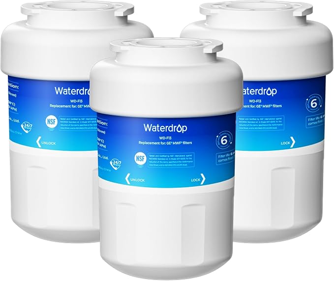 Waterdrop WD-F13 Refrigerator Water Filter Replacement for GE® MWF®, 3 Pack | Replacement for SmartWater® MWFP, MWFINT, MWFA, GWF, HDX FMG-1, Kenmore® 9991, GSE25GSHECSS, WFC1201