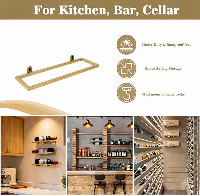 6-Shelf Metal Wall Mounted Wine Rack - Hanging Wine Bottle Holder Organizer for Kitchen, Bar, Home Storage - 6PCS Iron Wine Bottle Display Stand (6PCS-Gold)