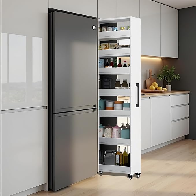 7-Tier Slim Storage Cart, Wooden Rolling Pantry Cabinet with Wheels, Narrow Shelf Organizer for Kitchen, Bakers Rack, Dining Room, Closet, Small Spaces Warm White 73.2''H*9.8''W*19.6''D