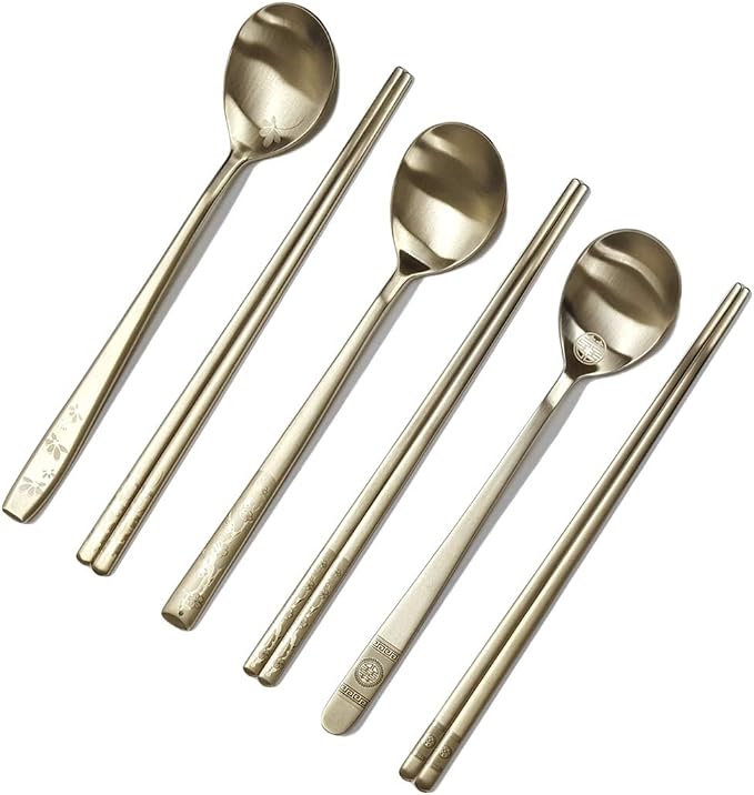 [5 Sets] [Made in Korea] Korean Sticky Rice Spoon Chopsticks Set Gold Titanium Plating 304 Stainless Steel Tableware Cutlery Set Mukbang Chopsticks (Cosmos TITANIUM, 5 Sets)