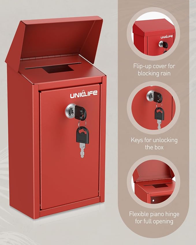 Uniclife Red Metal Donation Box, Wall Mounted Mailbox for Outside | Safe Suggestion Box with Key Lock, Steel Key Drop Box for Outside, Cash Box for Home Office and Business