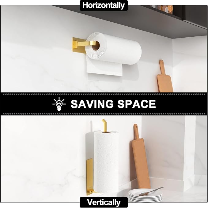 Paper Towel Holder - Self-Adhesive or Drilling, Gold | Under-Cabinet or Wall-Mounted | Kitchen Roll Dispenser | Upgraded Aluminum | Lighter Yet Stronger Than Stainless Steel