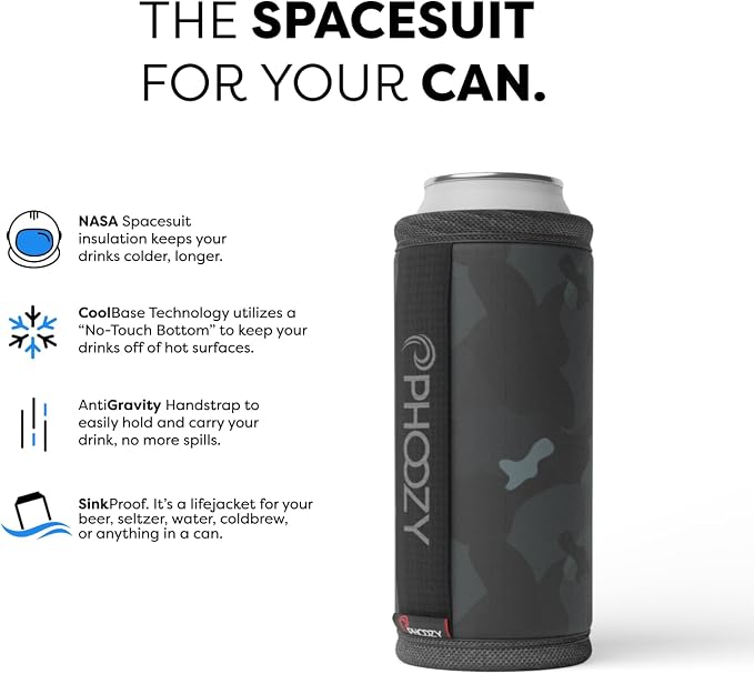 PHOOZY Insulated Can Cooler for Slim 12 oz Cans - Patented Drink Sleeve with NASA-Inspired Technology - Keeps Beer, Soda & Sparkling Water Cold Longer - Lightweight Outdoor Can Holder - Black Camo