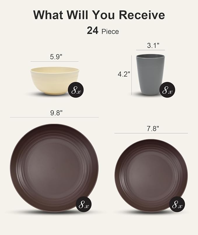 Quatish 24 Piece Plates and Bowls Sets for 6, Unbreakable Dinnerware Sets, Dish Set for Camping, Dishwasher Microwave Safe, Outdoor Kitchen and Apartment Dorm Dinning RV Essentials, Brown