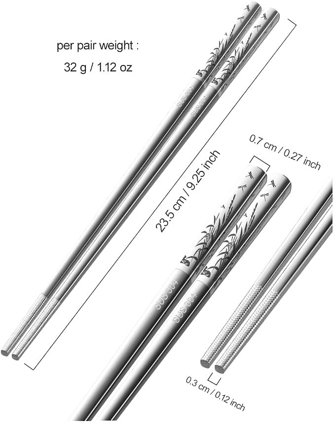 Stainless Steel Chopsticks - Laser-Engraved,Reusable metal chopsticks Non-Slip Tips, Dishwasher Safe Metal Utensils for Sushi, Cooking, Family & Gifts 9.25 Inches (Classic)