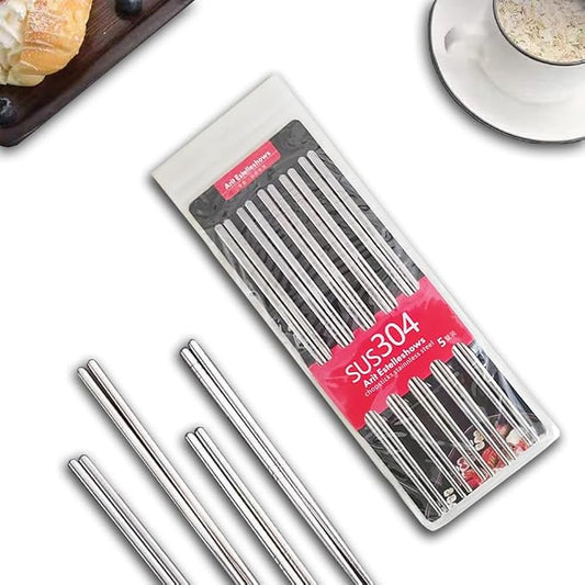 5 Pairs Metal Chopsticks, Stainless Steel Chopsticks Set, Reusable, Lightweight 304 Non-Slip Chop Sticks, Dishwasher Safe, Japanese Korean for Cooking, 8.9 Inch, Silver