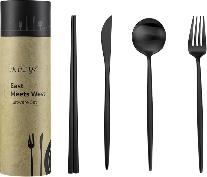 Matte Black KiiZYs Silverware Set - 16-Piece Kitchen Utensil With Korean Chopsticks - Stainless Steel Flatware Cutlery - Spoons, Forks, Knife - Dishwasher Safe - New Home Wedding Gifts (Black, 4 Sets)