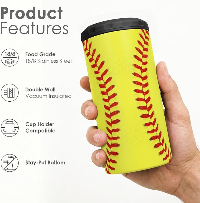 Softball Can Cooler 12oz - Travel Mug Cups - Stainless Steel Insulated for Men Women Players - Tumbler Cans Koozie, Sport Gift for Fan Coach Lovers