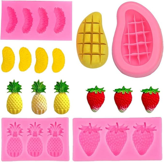 4Pcs Fruit Shaped Silicone Jelly Molds Strawberry Baking Mold 3D Orange, Mango,Pineapple Strawberry Embed Fondant Molds Soap Molds Wax Embeds,Wax Melts Molds for Candy Cake Cupcake Topper