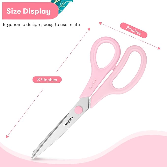 iBayam 8.5" All Purpose Yellow Pink Teal Scissors for School Office Teacher | 2.5mm Thick Blade Shears | Soft Comfort-grip | Left/Right Handed | Cute Office School Teacher Supplies | Home Sewing Fabric