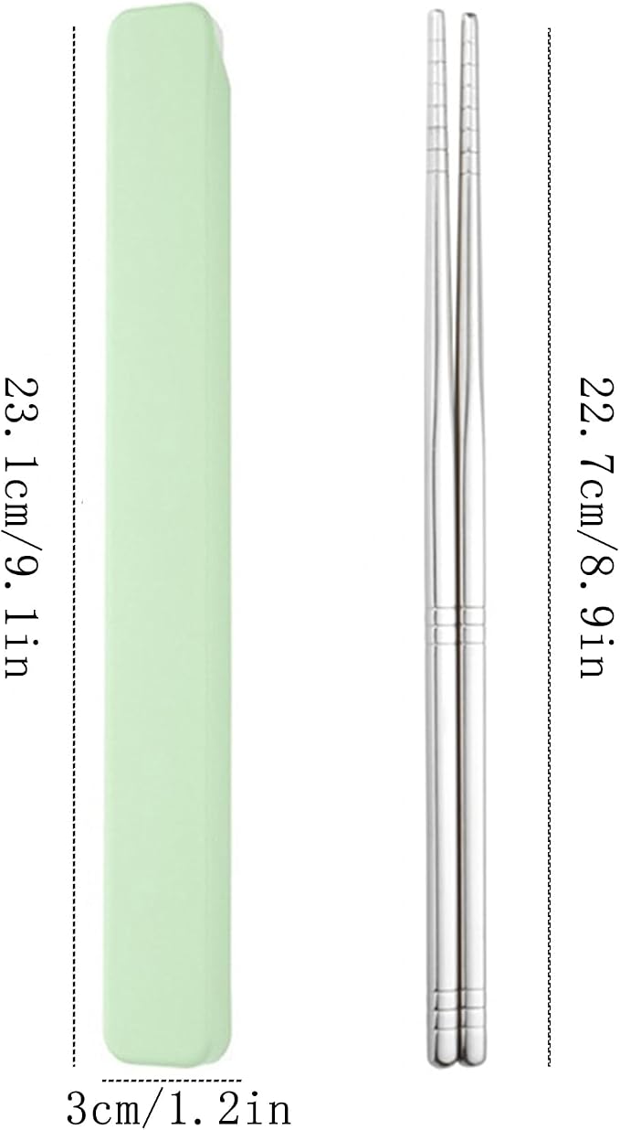Stainless Steel Metal Chopsticks - Reusable 1 Pair with Pull Design Case - Portable Utensil for School, Home, Office, Camp, Travel, Bento Box (Green)