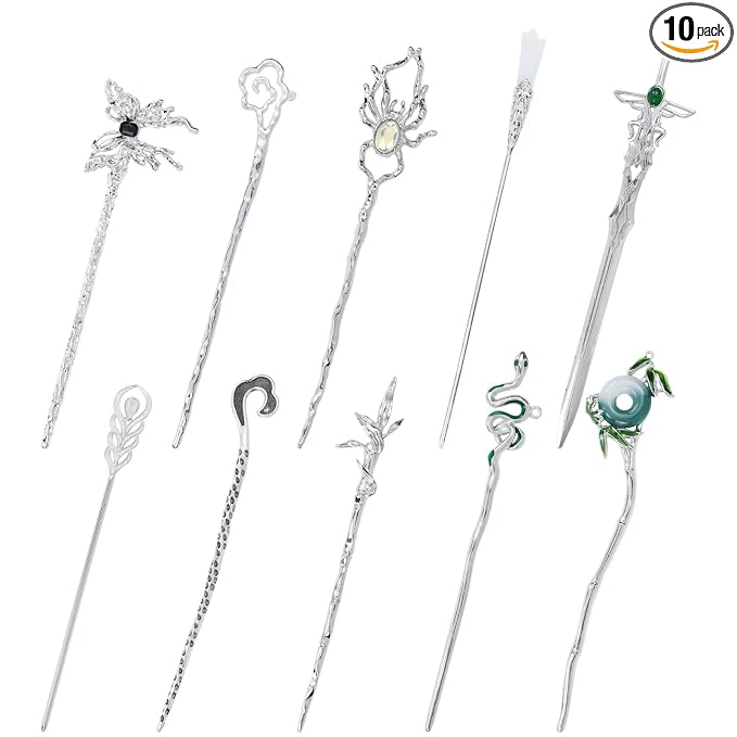 Lawie 10 Pack Silver Metal Hair Sticks Chopsticks Hair Pins Chinese Asian Hanfu Decorative Long Retro Hair Clips Snakes Swords Butterfly Jade Stone Vintage Hair Accessories for Women Girls