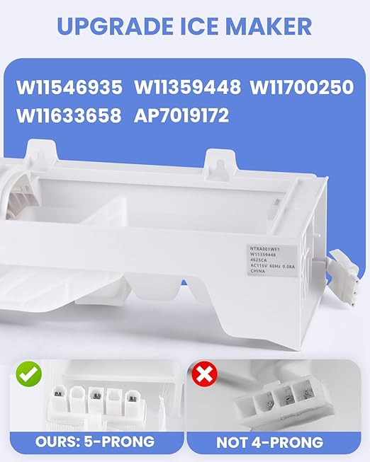 Upgraded Ice Maker Assembly W11700250 W11359448 W11546935 W11633658, Compatible with Whirlpool Kenmore Amana Maytag Replaces AP7019172 - Set Water Supply to 110ml to Avoid Ice Clumping White