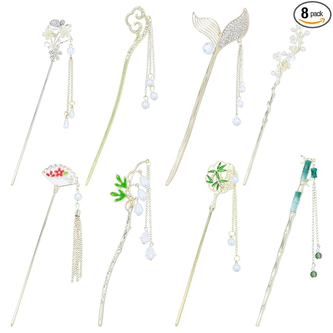 inSowni 8 Pieces Vintage Retro Asian Chinese Hanfu Gold Metal Hair Sticks Pins with Pearl Pendants Bamboo Leaf Flower Fishtail Hair Chopsticks Forks Bun Updo Holders Long Hairpins for Women Girls