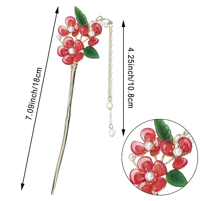 6PCS Butterfly Flower Hair Sticks for Buns Long Hair Chinese Hanfu Asian Vintage Floral Hairpins Hair Chopsticks with Pearl Tassel for Women Girls
