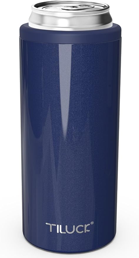 TILUCK Skinny Can Cooler, Stainless Steel Insulated Slim Cans, 12 oz | Beer & Hard Seltzer, Doucle-Walled Stainless Steel Insulated Slim Cans, Slim 12 oz(Glitter Navy)