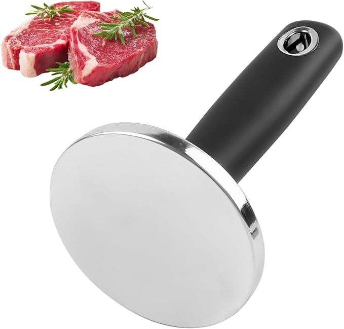Meat Pounder Tenderizer, Stainless Steel Kitchen Meat Tenderizer Hammer, Round Chicken Flattener Tool with Comfortable-Grip Rubber Handle for Flattening Cutlets and Tenderizing Meat