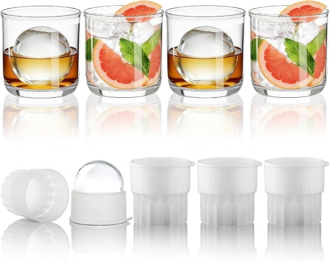 Berglander Whiskey Glasses Set of 8 (4 Bourbon Glasses, 4 Big Ice Ball Molds) 11.5 oz Reusable PET Clear Plastic Old Fashioned Glasses for Scotch Cocktail Cognac Vodka Liquor Cold Drink, Gifts for Men