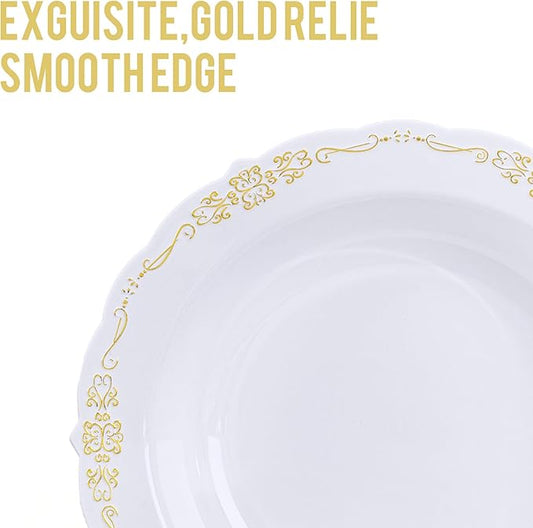 DaYammi 30 Pack Plastic Bowls with Gold Rim, 12oz Disposable Soup Bowls, Heavy Duty Dinner Bowls for Weddings, Parties, Dinners, Catering and Everyday Use