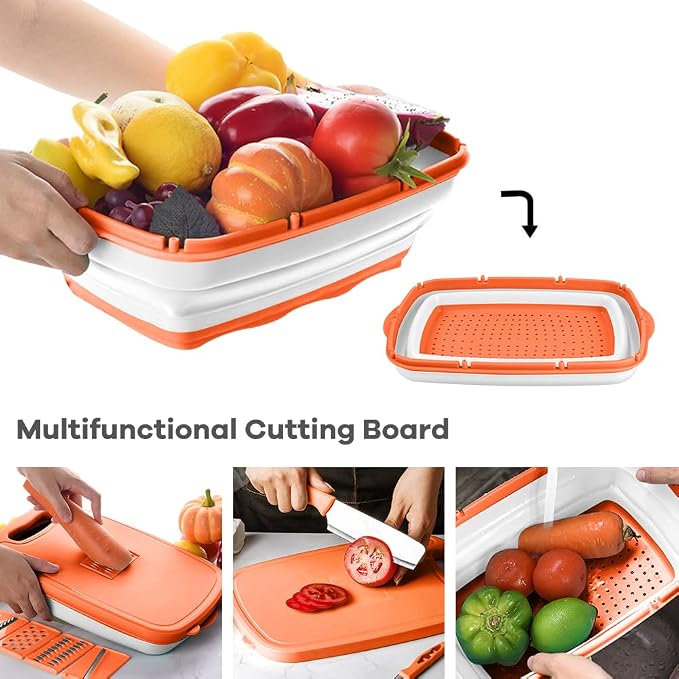Camping Cutting Board, HI NINGER Collapsible Chopping Board with Colander, 9-In-1 Multi Kitchen Vegetable Washing Basket,Camping Gifts Accessories for RV Campers | Multi Camping Cutting Board Kitchen Vegetable Washing Basket for Camper ,bbq prep tub,Ca...