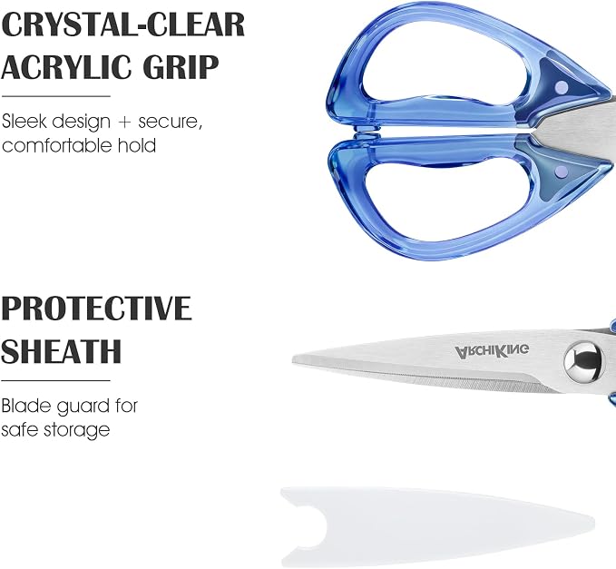 8.0inch Kitchen Shears, Sharp Stainless Steel Meat & Poultry Scissors, Transparent Blue Acrylic Handle, All Purpose Utility Cooking Scissors for Kitchen/BBQ/Home/Office
