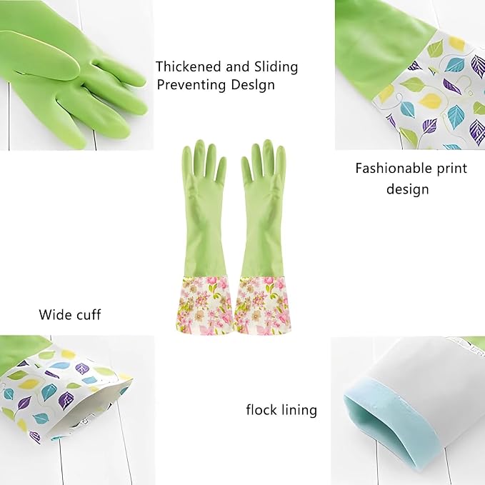 KINGFINGER Rubber Latex Waterproof Dishwashing Gloves for Kitchen,Precision Flocking Household Cleaning Gloves 2 pairs