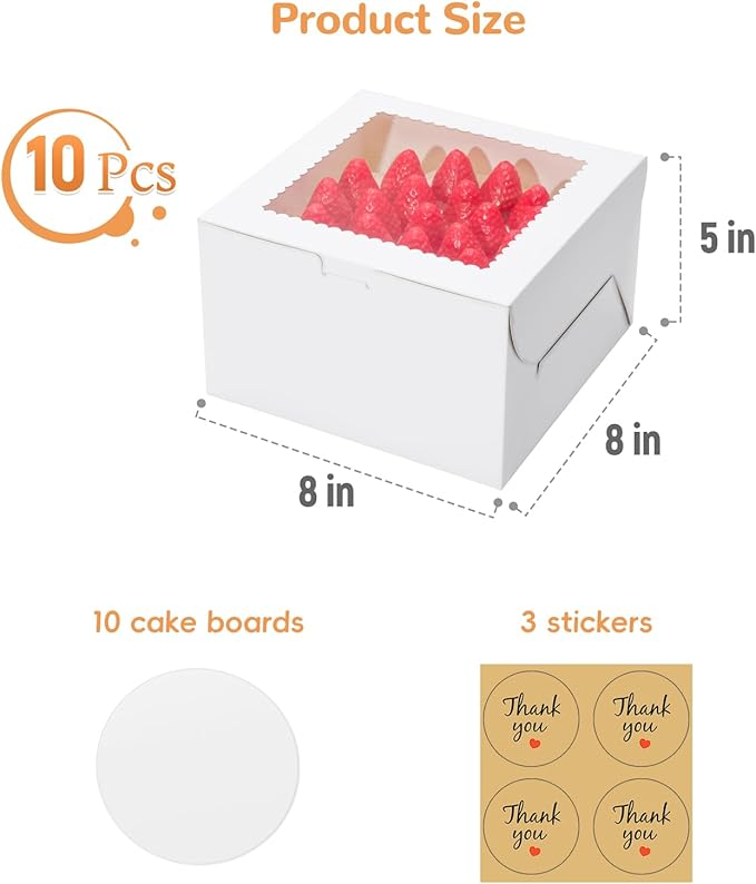 Small Cake Boxes 8 Inch with Window, 10 Set Bakery Boxes with Cake Boards & Stickers, Cupcake Box for Birthday, Party, Wedding, Mother's Day, Valentine's Day, Christmas（8x8x5 inch）