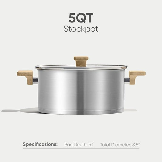 CAROTE Stainless Steel Stock Pot - 5 Quart Heavy Duty Induction Cooking Pot with Visible Lid for Pasta, Soup, Spaghetti, Bottom Big Stockpot, Deep Cookware for Canning, Boiling, Simmer