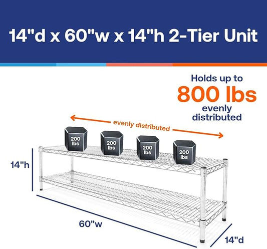 Shelving Inc. 14" d x 60" w Chrome Wire Shelving with 2 Tier Shelves, Weight Capacity 800lbs Per Shelf