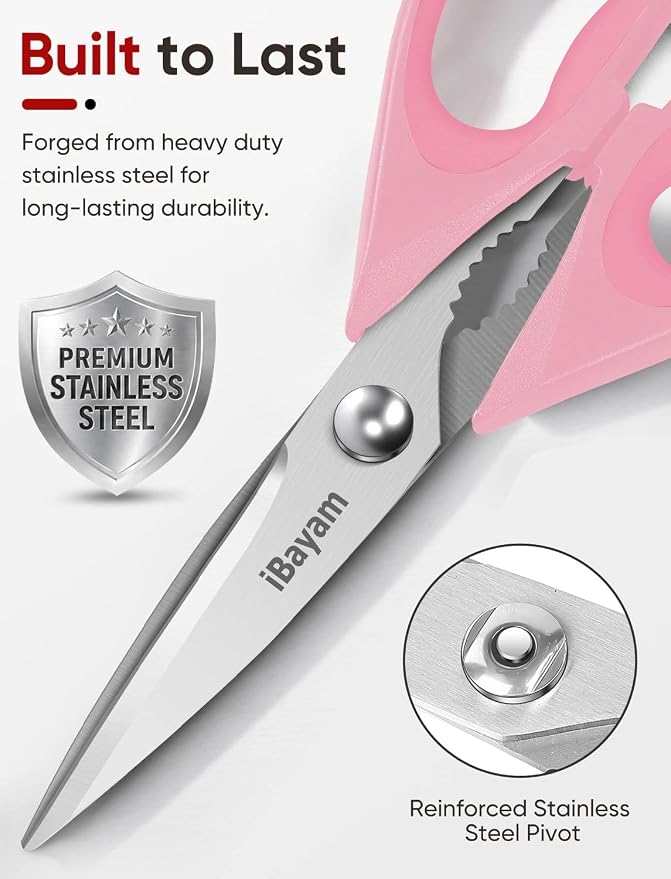 iBayam 8.7" Cute Kitchen Scissors All Purpose, Pastel Pink Purple Teal | Stainless Steel, Comfort-Grip Handles, Dishwasher Safe, Cute Pastel kitchen utensils accessories Apartment Essentials