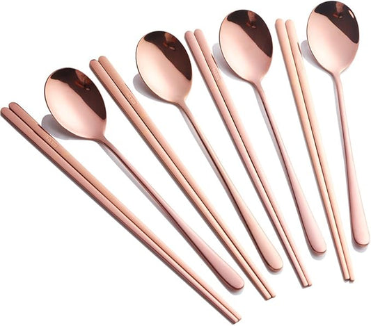 Buyer Star 4 Set Spoon Chopsticks, Rose Gold Reusable Metal Stainless Steel Korean Chopstix Spoon Set