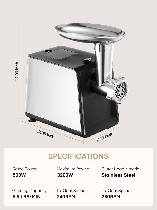 FOHERE Electric Meat Grinder for Home Use 3200W Max Heavy duty | meat mincer with 2 blades, 3 grinding plates, 3 sausage stuffer tubes and Kubbe kit