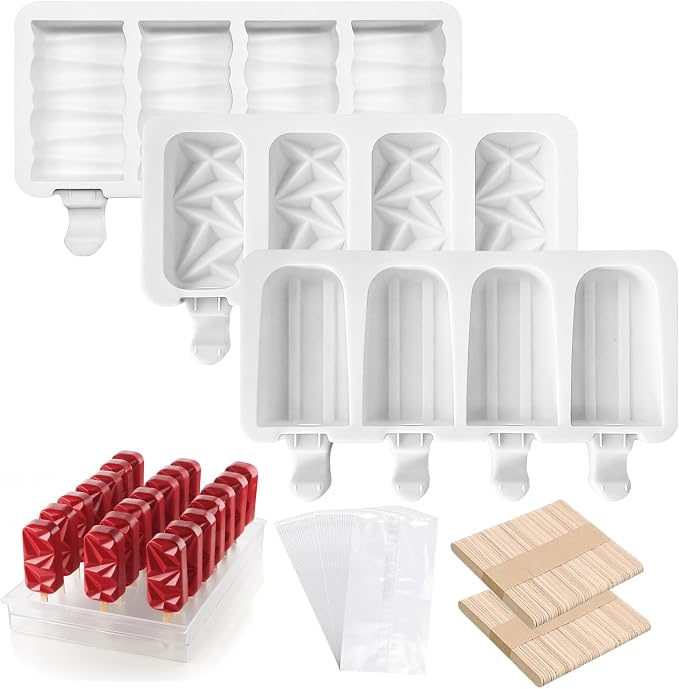 3 Set Popsicle Molds,Cakesicles Silicone Mould,12 Cavities Silicone Ice Cream Molds with Lids and 100 Pieces Wooden Popsicles Sticks and 100 Bags for Making Cakesicles,Cake Pops,Ice Cream(White)
