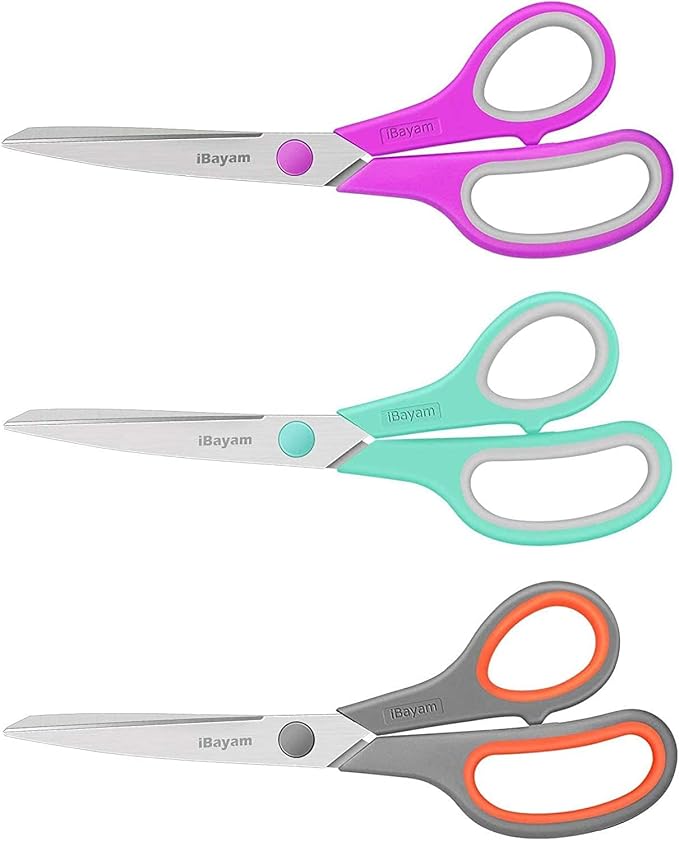 iBayam 24-Pack 8" Heavy Duty Scissors in Bulk, Ultra-Sharp, Comfort Grip | 2.5mm Ultra-Sharp Stainless Steel Blades, 100,000+ Cuts, Comfort-Grip Handles, Ambidextrous, Multipurpose — 24-Pack, 3 Colors