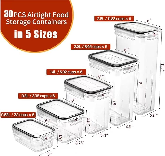 PRAKI 30 Pack Airtight Food Storage Containers for Organizers and Storage | Kitchen Storage Containers for Cereal Flour Sugar Storage, BPA Free, 5 Sizes, Container with 20 Labels, 6 Spoon & Marker