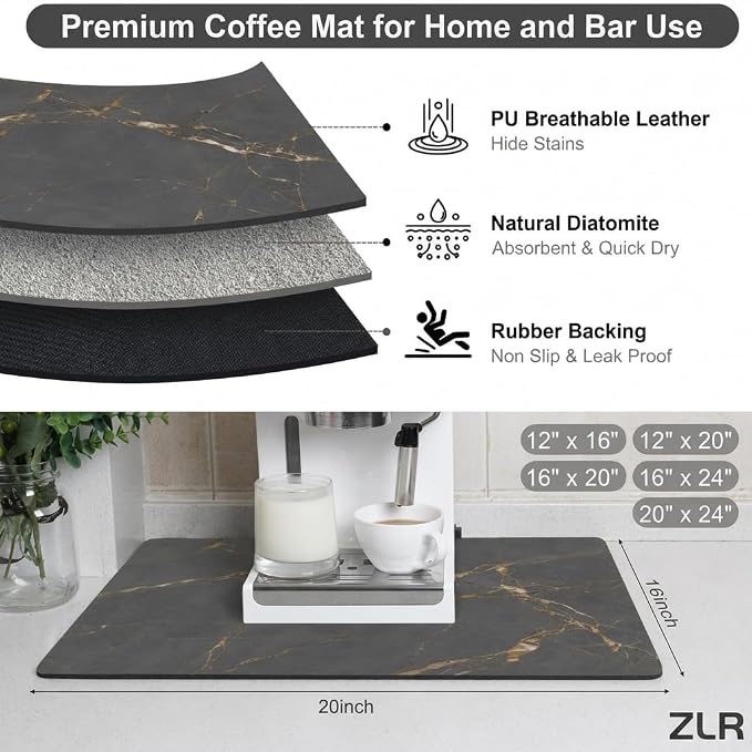 ZLR Coffee Bar Mat for Coffee Station, 16"x20" Large, Marble Gray | Absorbent Dish Drying Mat, Stain-Hiding Top, Non-Slip Back, Fits Espresso, Grinder, Knock Box, Frother & Cup Display