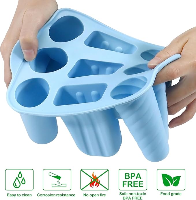 9 Cavity Popsicles Molds with 50pcs Wooden Sticks, Silicone Popsicle Mold, BPA Free Popsicle Maker Molds, Reusable Homemade Ice Pop Mold, Easy-Release Ice Cream Mold for Kids Adult DIY Ice Pops（Blue）