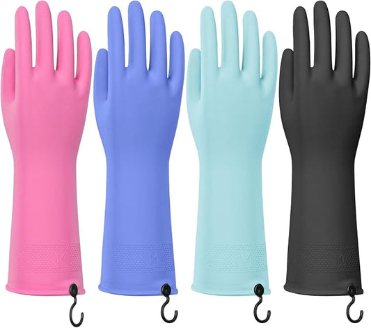 4 Pairs Rubber Dishwashing Gloves with Hanging Hooks - Reusable Cleaning Gloves for Kitchen & Household, Non-Slip, Durable and Flexible (Small, 4 Colors: Black, Pink, Blue, Purple)