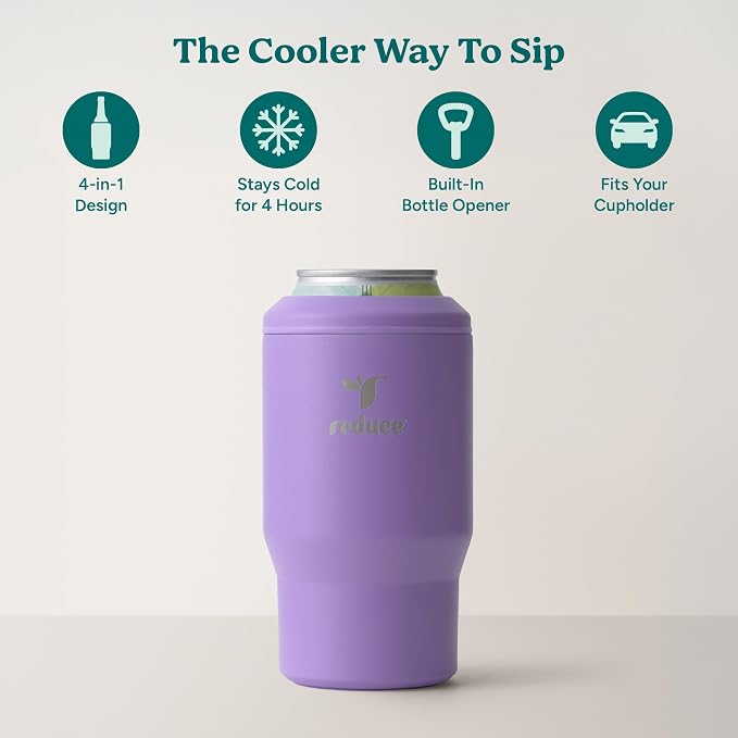 Reduce 4-in-1 Drink Cooler - Versatile Can & Bottle Holder with Vacuum Insulation - Keeps Drinks Cold Up to 4 Hours - Includes Bottle Opener - Fits Cupholders & Dishwasher Safe - 14oz - Purple Punch