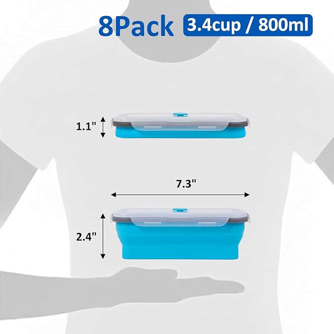 Collapsible Silicone Food Storage Containers Set with Lid & Air Vent,Foldable Lunch Containers (8PCS,Blue,27oz)