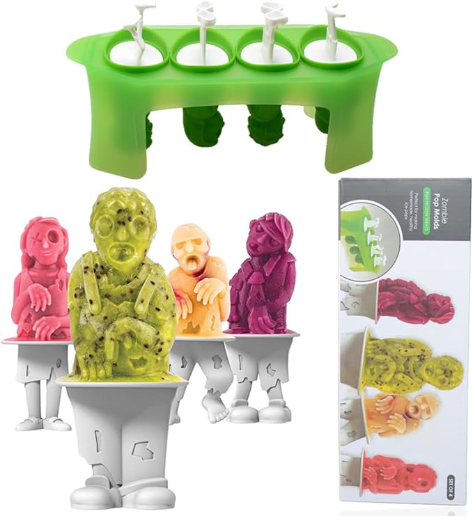 Zombie Popsicle Mold Set 4 Pieces Homemade Silicone Popsicle Maker Kid Easy Release Ice Cream Molds Reusable DIY Pop Molds- BPA Free (Zombie)
