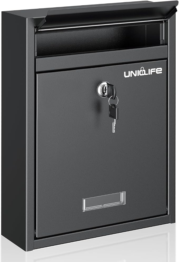 Uniclife Wall Mount Mailbox for Outside, Locking Mail Box, Black | Large Mailbox with Key Lock, Security Mail Box for House, Safe Key Drop Box, Steel Cash Drop Box for Home Office School