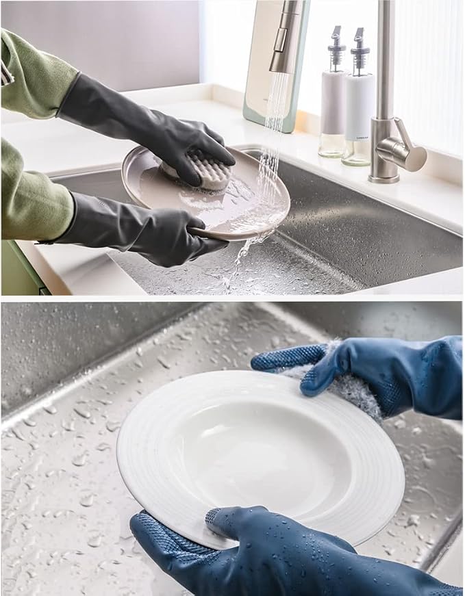 HOMSSEM Dishwashing Gloves with Hanging Hooks 2Pairs of Dish Gloves Latex Navy, Gray Rubber Gloves for Cleaning