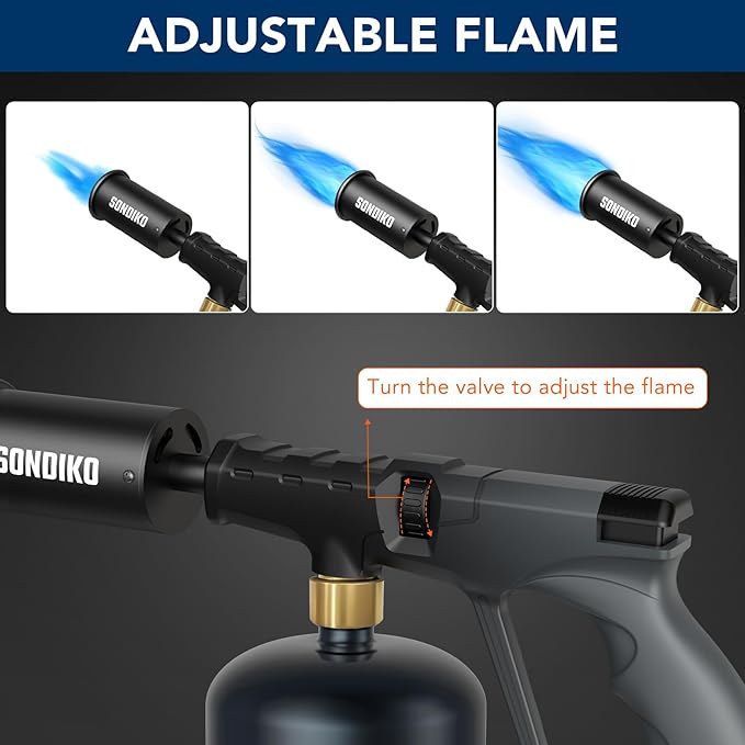 Sondiko Powerful Propane Torch Gun, Adjustable Flamethrower, Gray & Black | Cooking Torch for Sous Vide, Charcoal Starter, Grilling, Outdoor BBQ Party and Camping, Gas Welding Kits, Tank Not Included