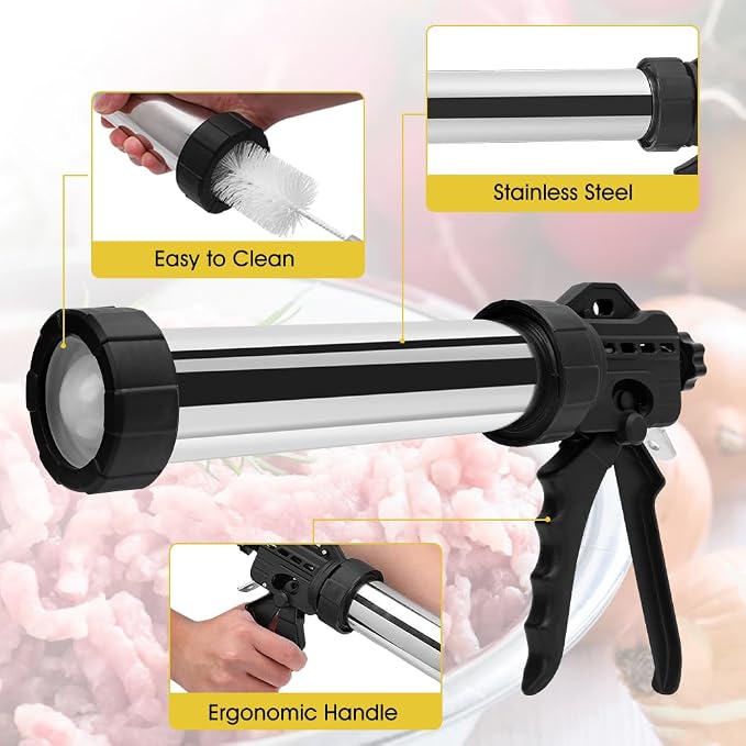 lyrlody Jerky Gun Kits, Sausage Stuffer, Beef Jerky Gun, Sausage Maker Machine, 1LB Stainless Steel Jerky Gun for Ground Meat with 5 Nozzles
